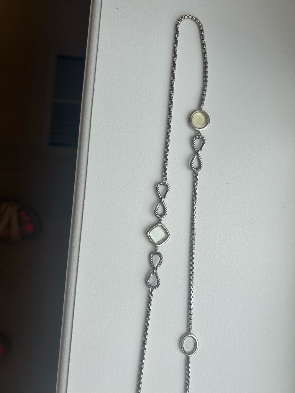 David Yurman Silver Cable Necklace with Prasiolite gemstones. 22 inches long.